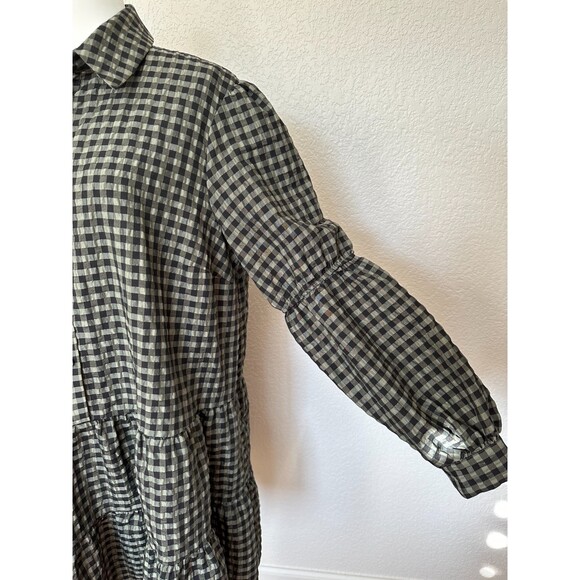 River Island Long Sleeve Tiered Black Green Gingham Button Down Mini Dress Sz 14 - Picture 5 of 9